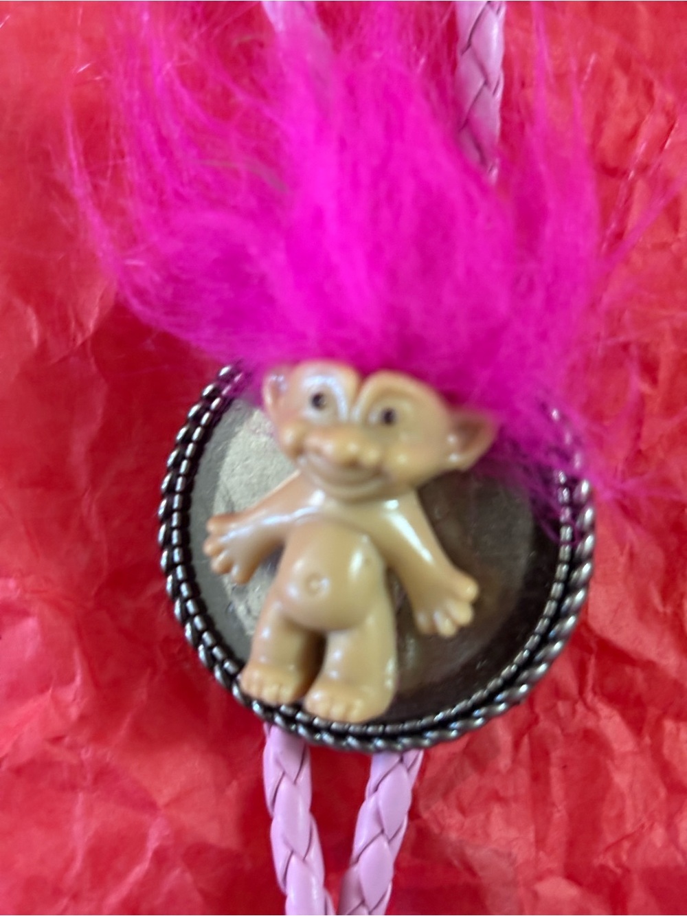 Pink Troll Bolo Tie with Plush Hair